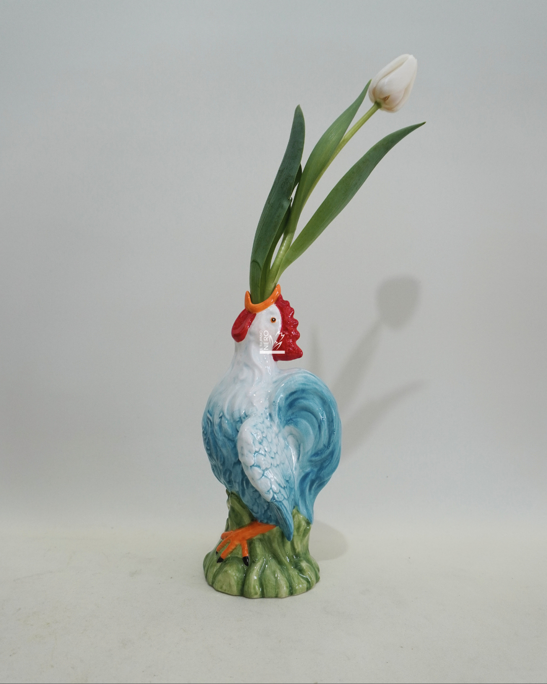 Vaso Azzurro Monofiore a Forma di Gallo