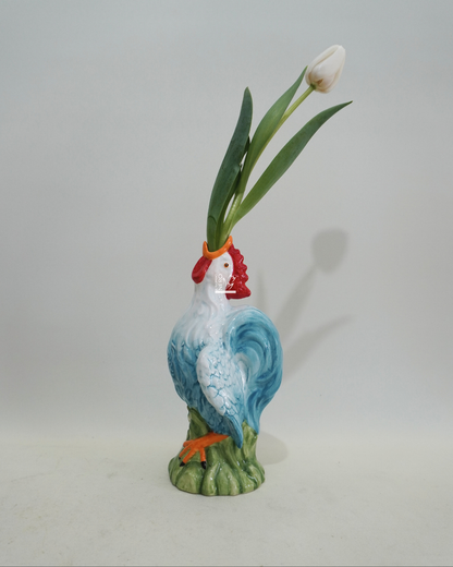Vaso Azzurro Monofiore a Forma di Gallo