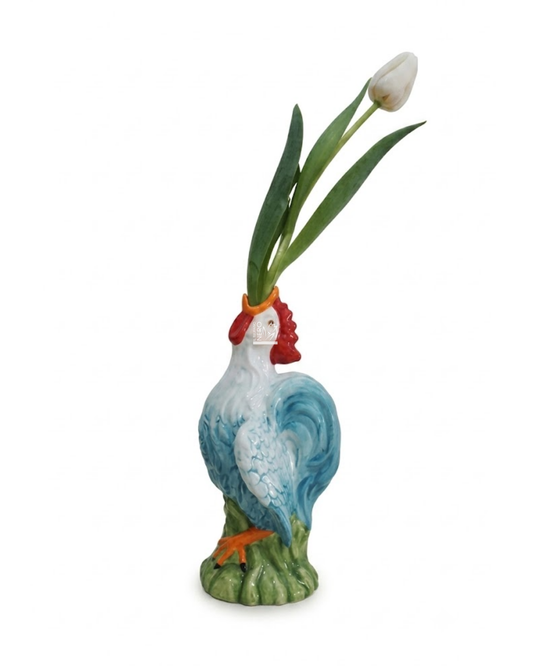 Vaso Azzurro Monofiore a Forma di Gallo